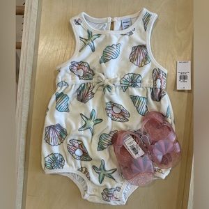 Shell print terry bubble romper and shell jelly sandals. Both NWT both 12-18m